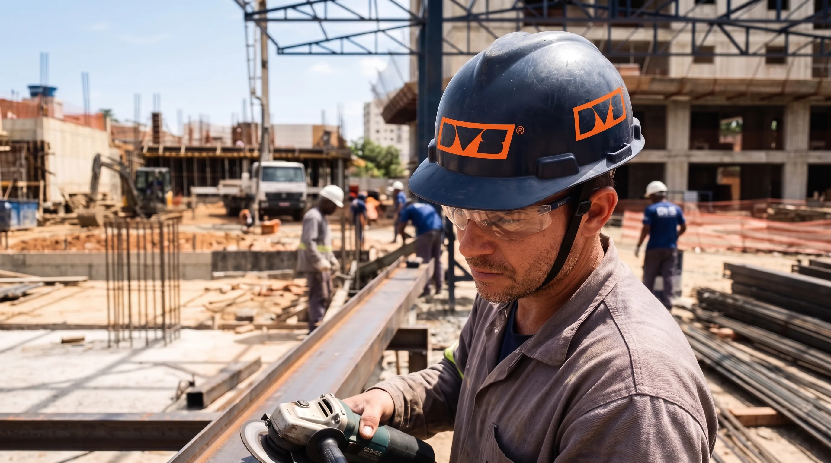 Profissional com capacete da DVS usando esmerilhadeira na obra